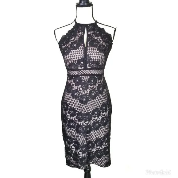 Morgan & Co. | Dresses | Morgan Co Floral Black Lace Nude Bodycon  Sleeveless Knee Length Dress Size 5 | Poshmark